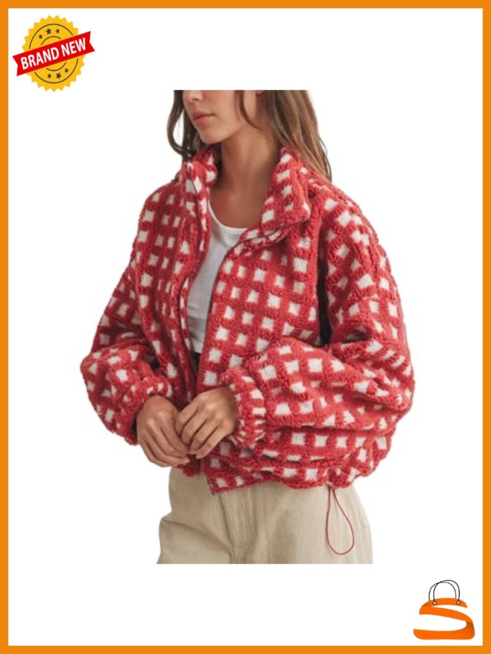 Womens Cropped Sherpa Fleece Jacket Zip Up Gingham Plaid Coat